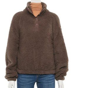 Womens Sherpa Sweater SO Brown Medium Collared Snap Neck Pullover Dolman Sleeves